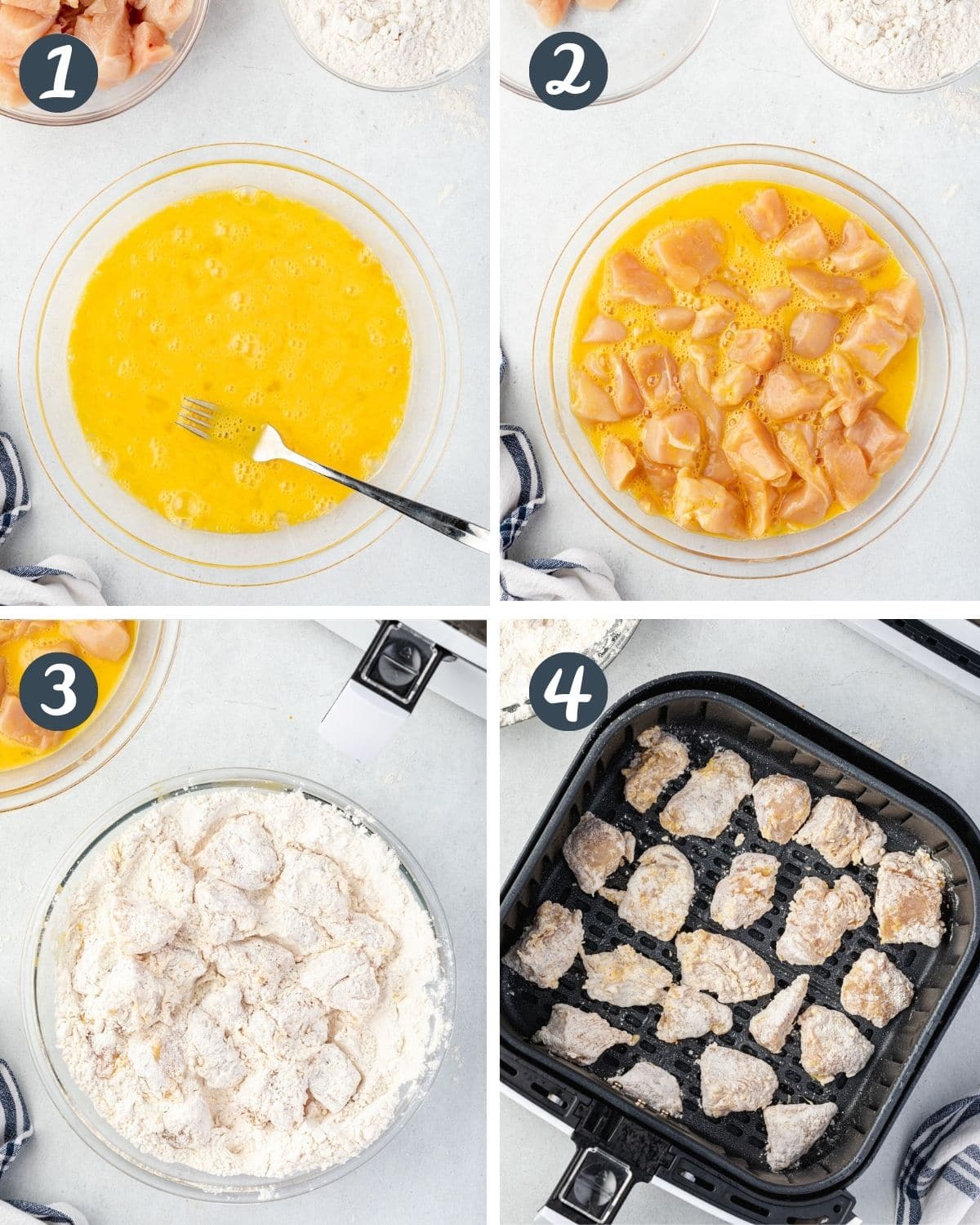 Collage showing steps ot bread the chicken: Egg in shallow bowl, chicken pieces coated in egg, chicken in flour, and pieces in air fryer.