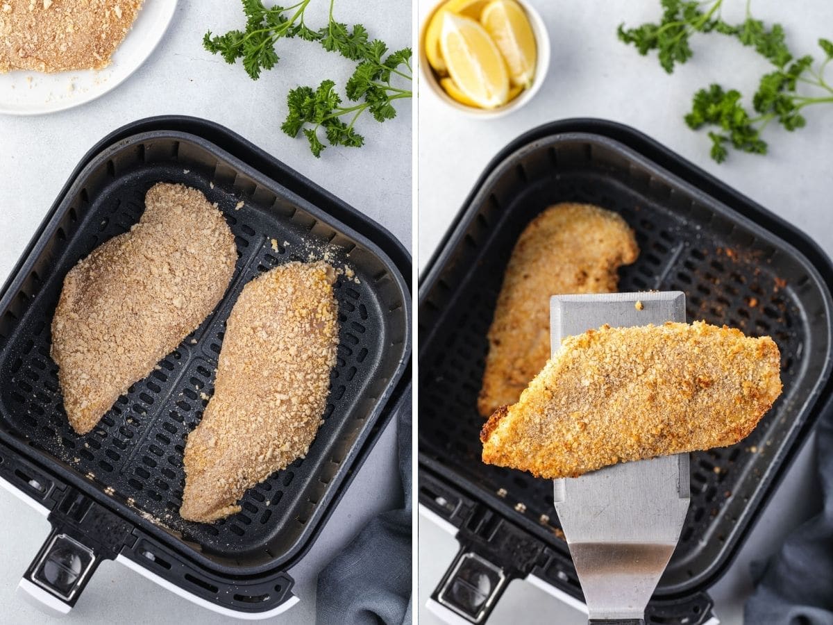 2 photos: Left is raw breaded chicken in air fryer, right is crispy chicken on a spatula.
