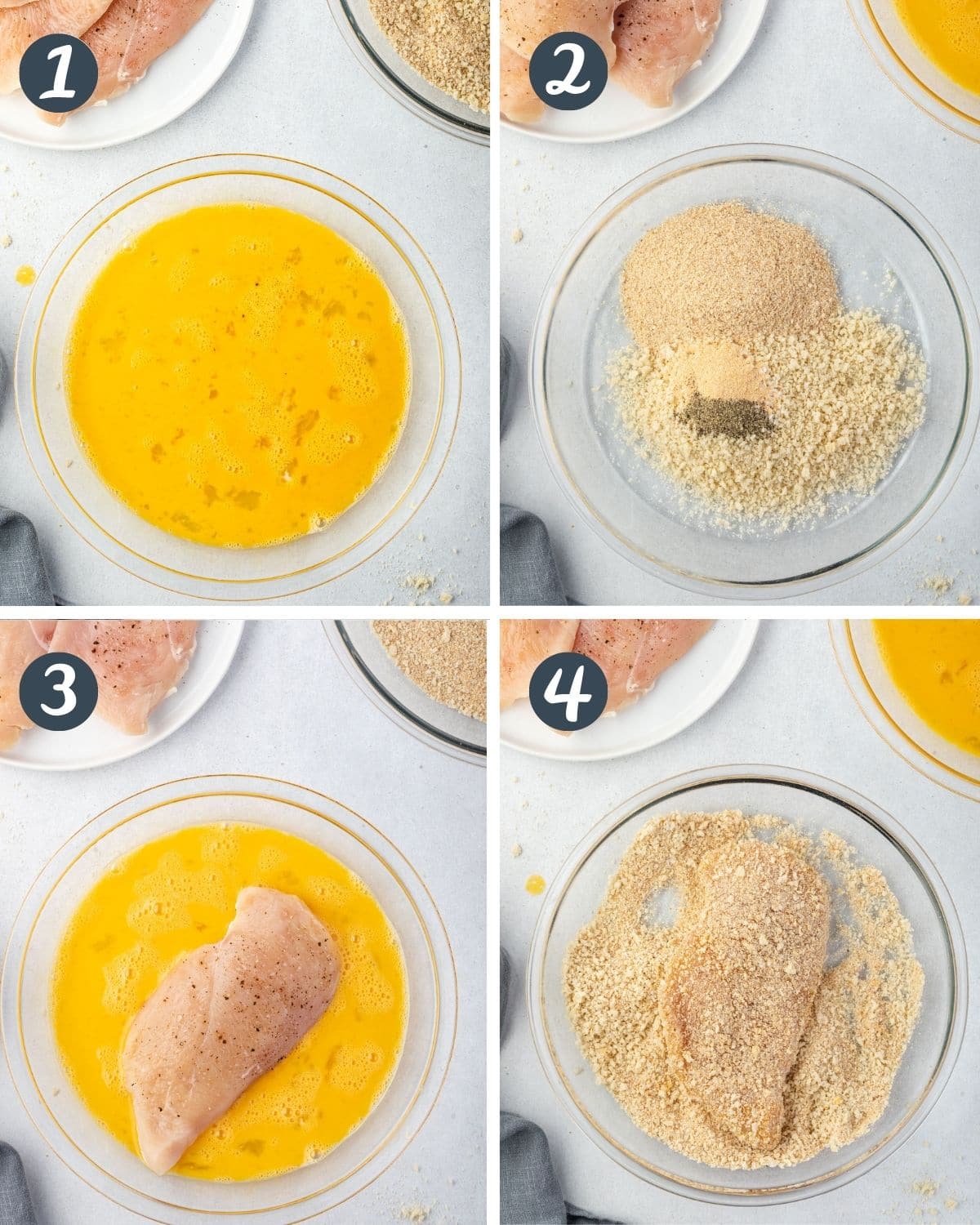 Collage showing steps to coat chicken in eggs and bread crumbs.