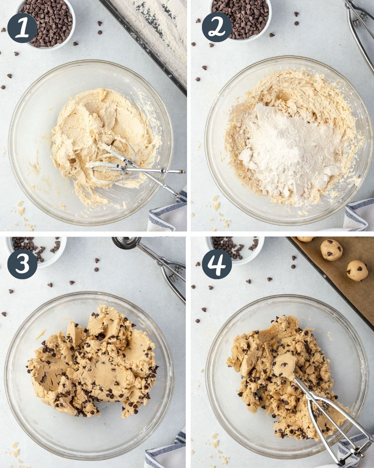 Collage showing 4 steps to make cookie dough bites.