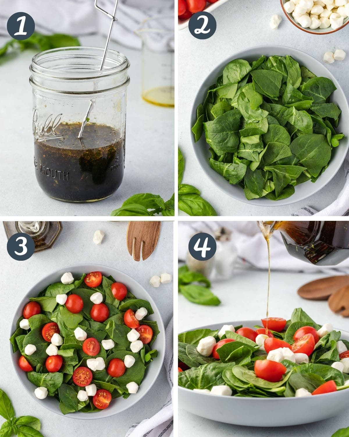Collage of the 4 steps to make salad: dressing, bowl of spinach, toppings added, and pouring dressing over salad.
