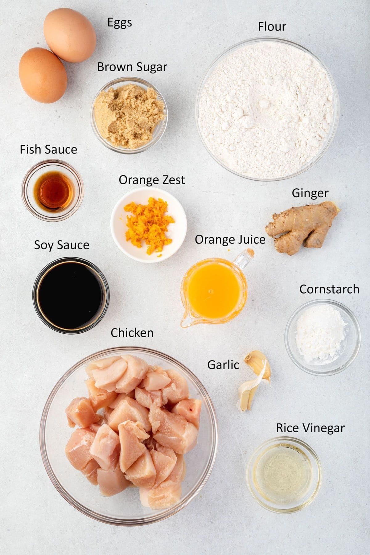 Overhead labeled orange chicken ingredients.