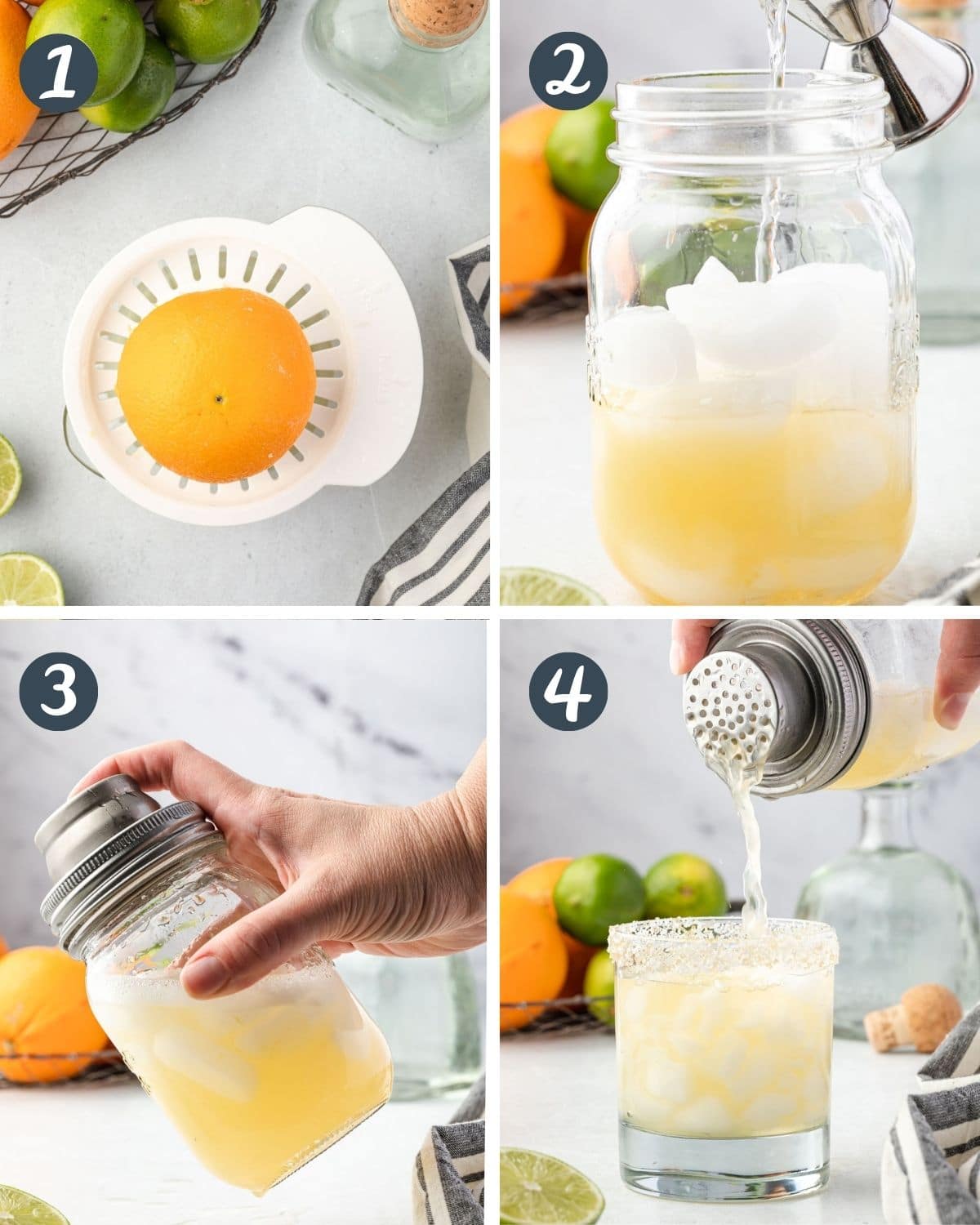 Collage showing 4 steps to making margarita.