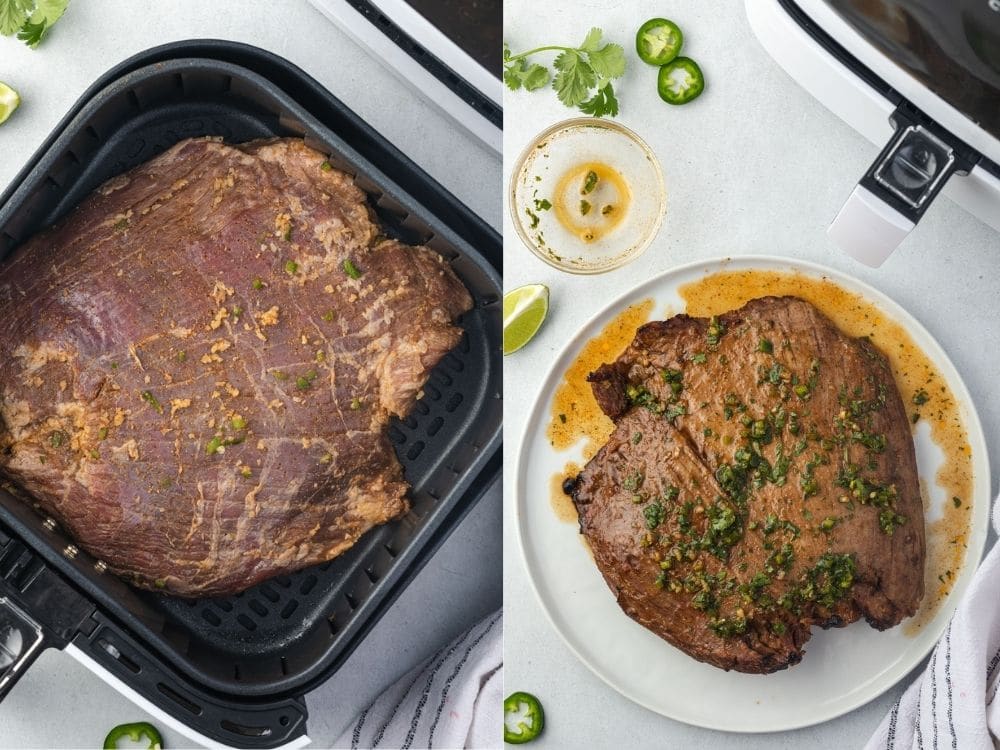 Collage: Left is raw meat in air fryer, right is cooked meat on a round plate with marinade poured over the top.