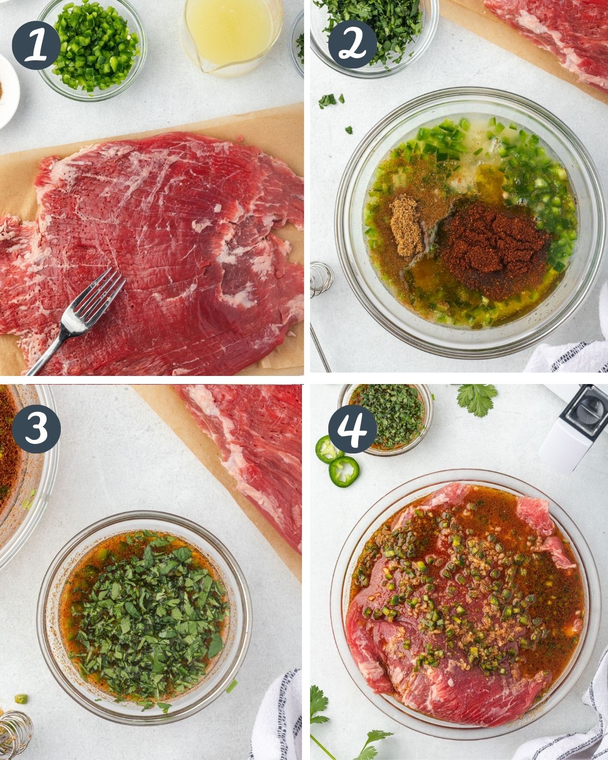 Collage of cooking steps: Piercing meat with fork, marinade in bowl, cilantro in reserved marinade, and marinade poured over raw meat.