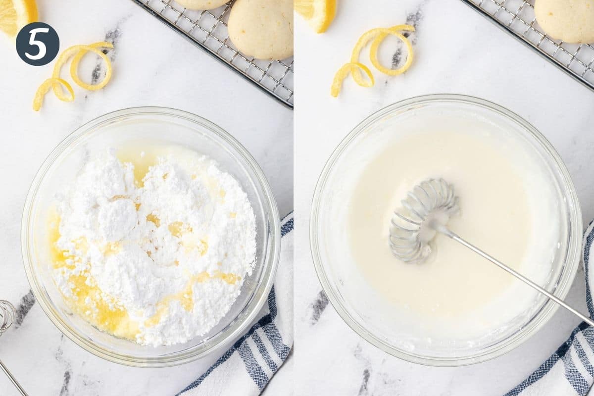 Two images showing glaze prep - powdered sugar & lemon zest in a bowl, and glaze in bowl with whisk.