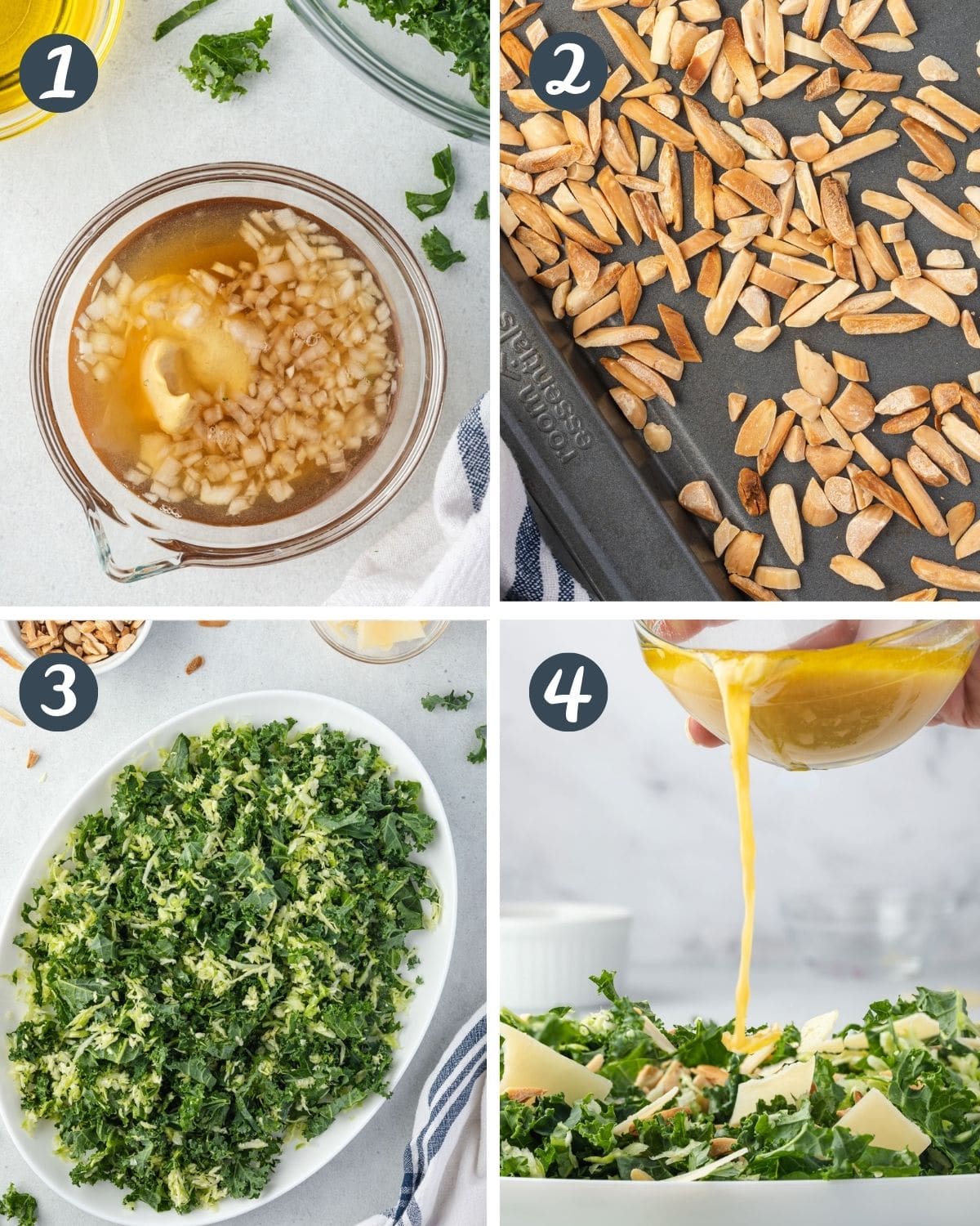 Collage of 4 steps to make kale crunch salad: overhead of dressing, toasted almonds, salad on platter, and pouring dressing.