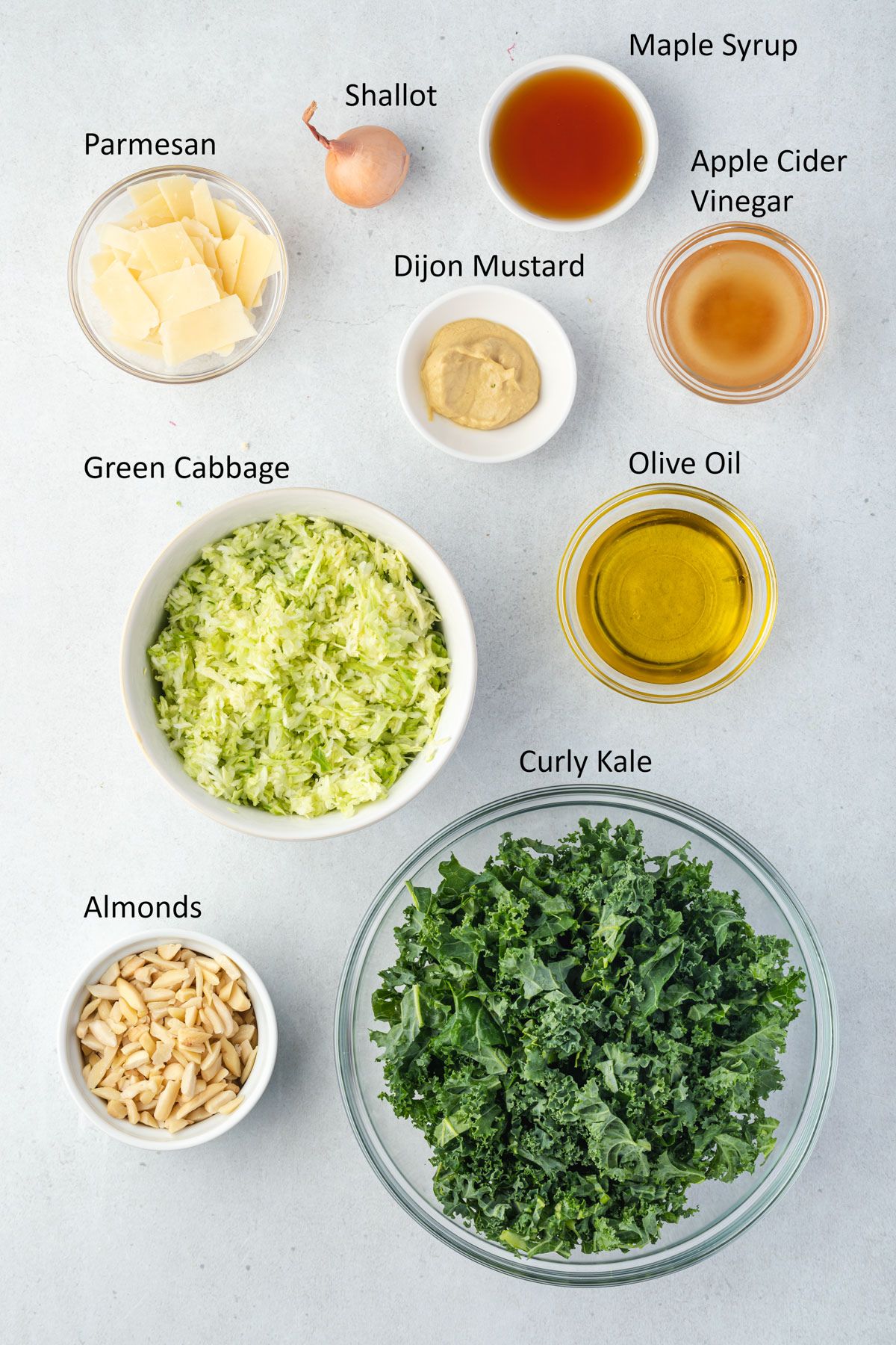 Overhead labled ingredients for kale crunch salad.