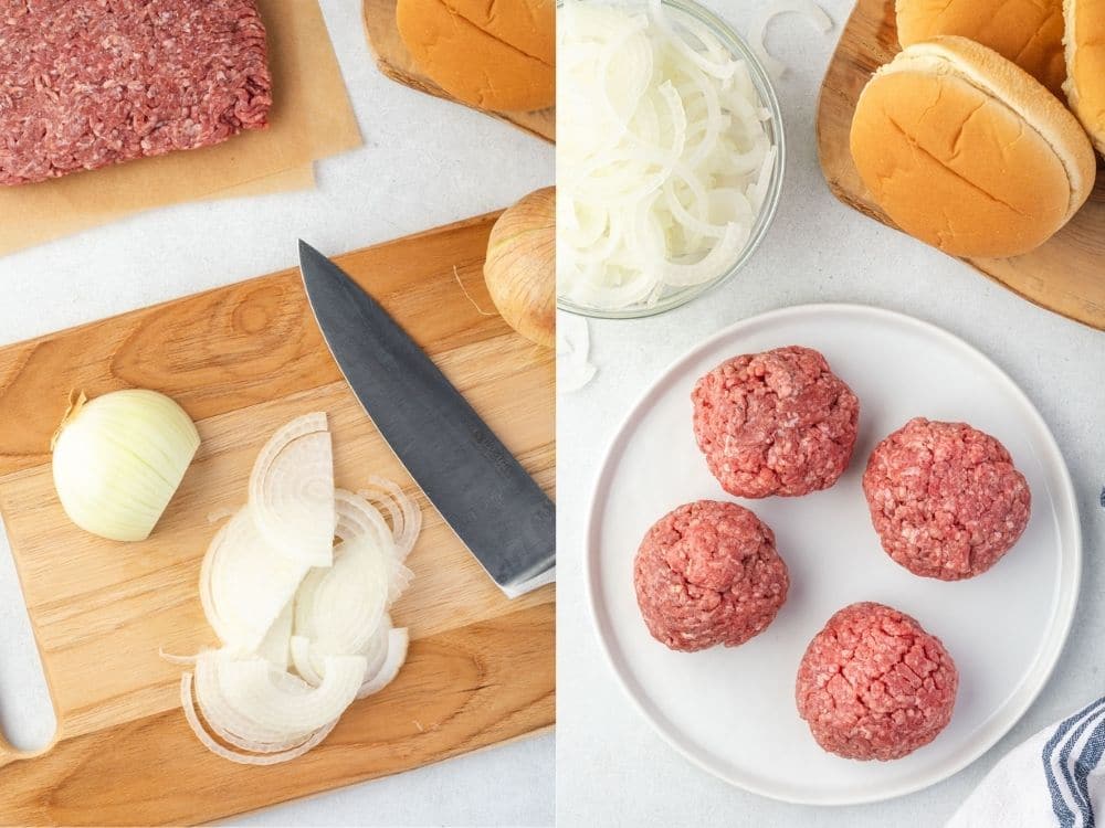 Two images: left is slicing onions thinly, right is 4 balls of ground beef on a plate.