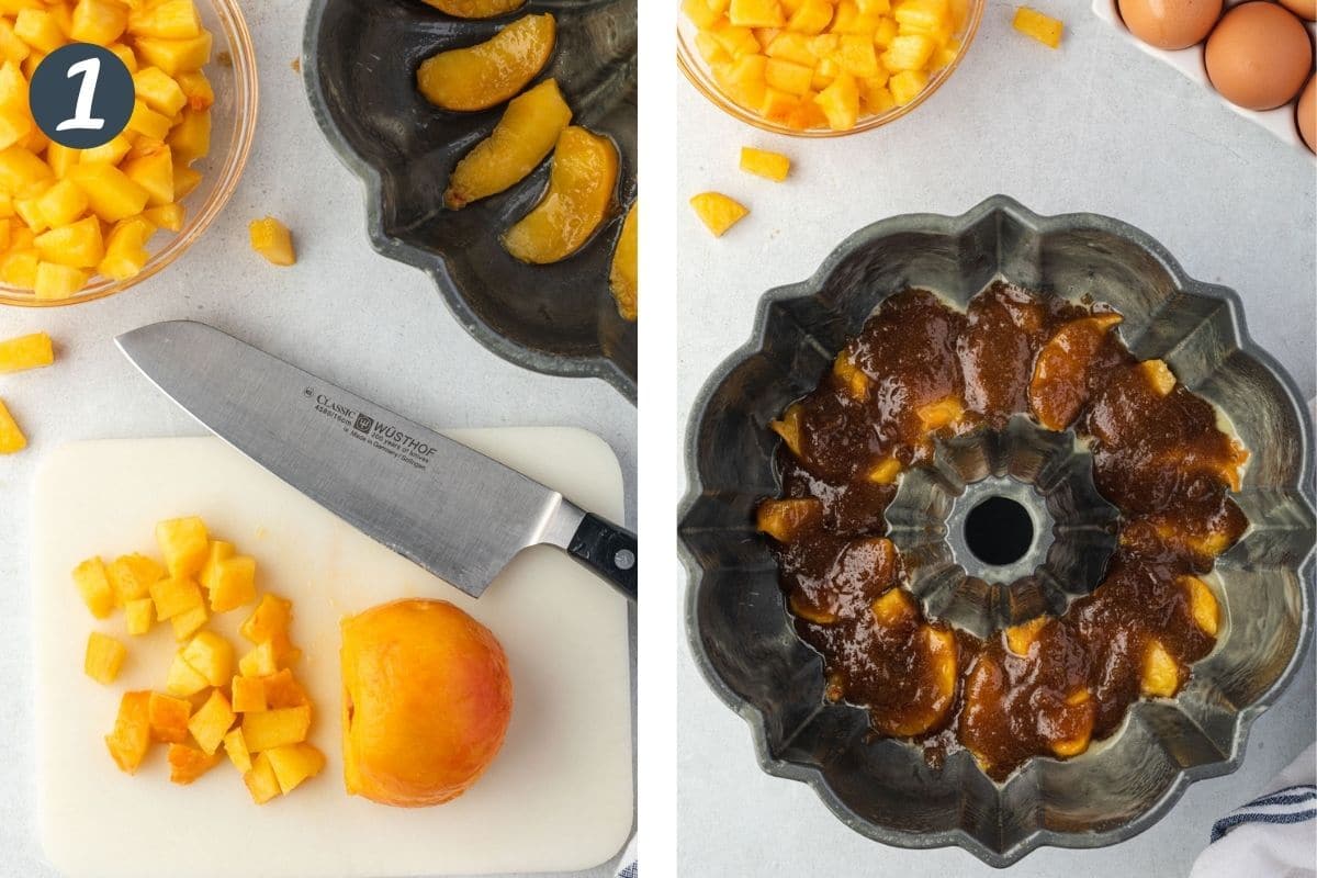 Left side is chopped peaches, right is sliced peaches and brown sugar mixture in bundt pan.