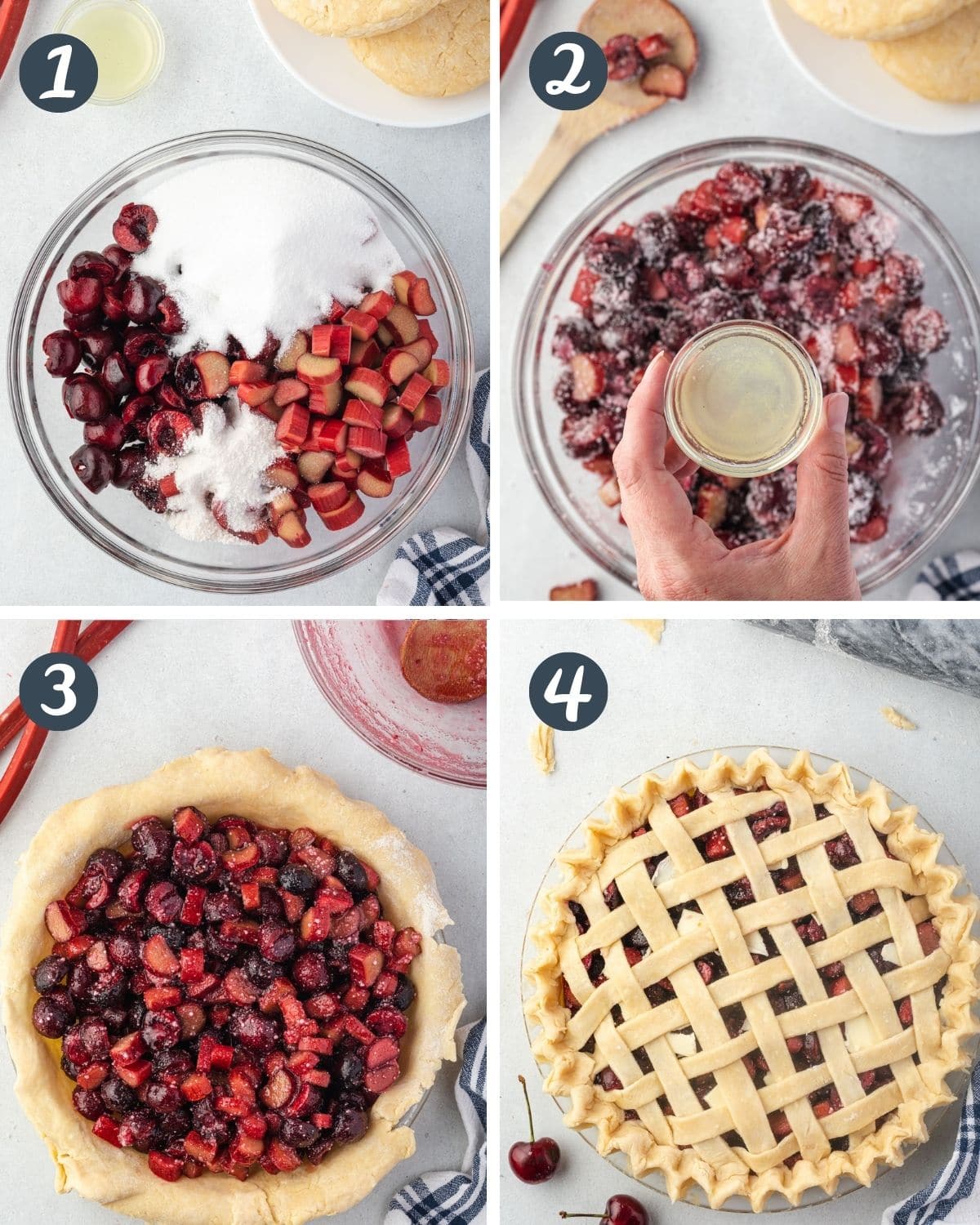 Collage showing 4 steps of making pie (mixing ingredients, add lemon, fill pie, lattice crust).