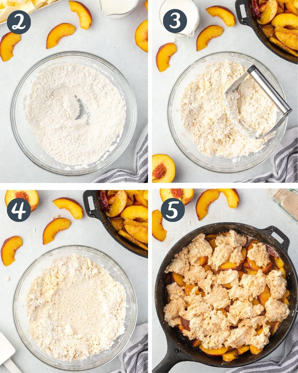 Collage of the 4 steps of making cobbler topping, and dropped batter onto the peaches.