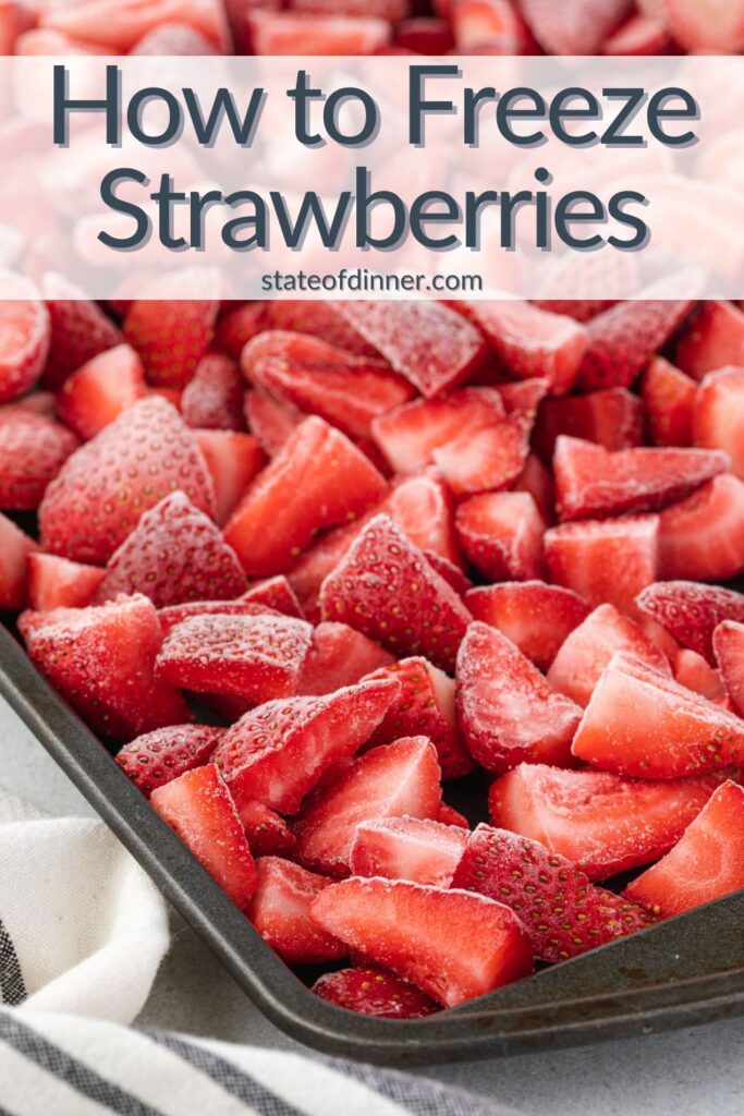 Pinterest pin: Image of frozen strawberries on baking sheet, and text "how to freeze strawberries."
