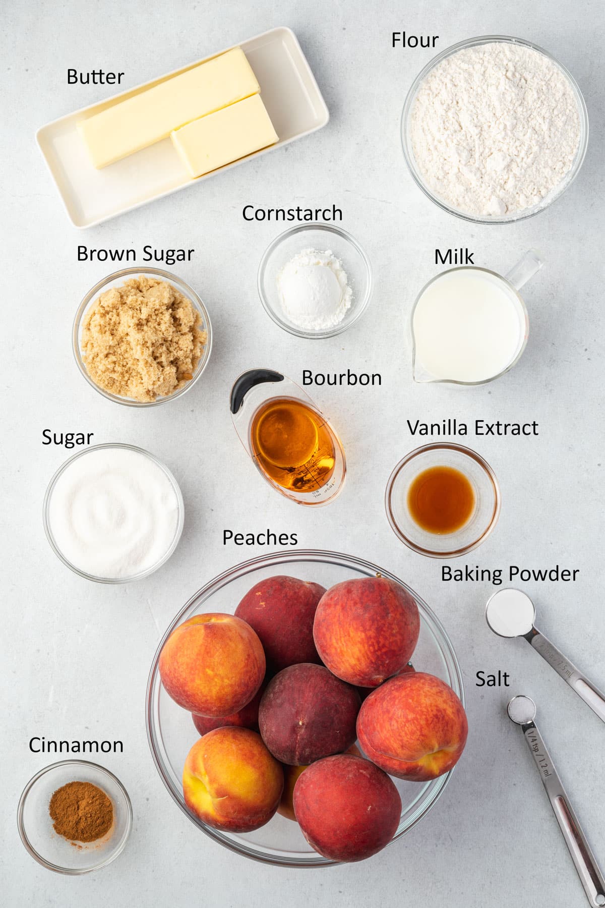 Overrhead of labeled peach cobbler ingredients.
