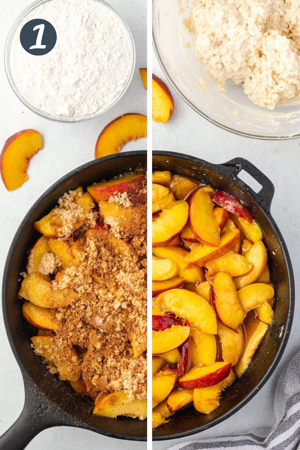 Split photo: Left side of peaches with spices on top, right is saucy cooked peaches in skillet.
