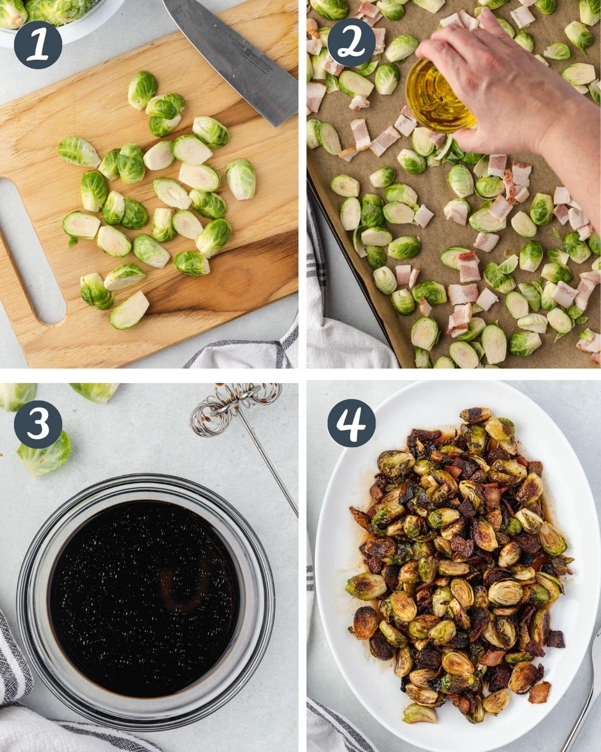 4 steps to make the recipe: Trimming brussels, pouring oil to roast, balsamic dressing, and on a platter.