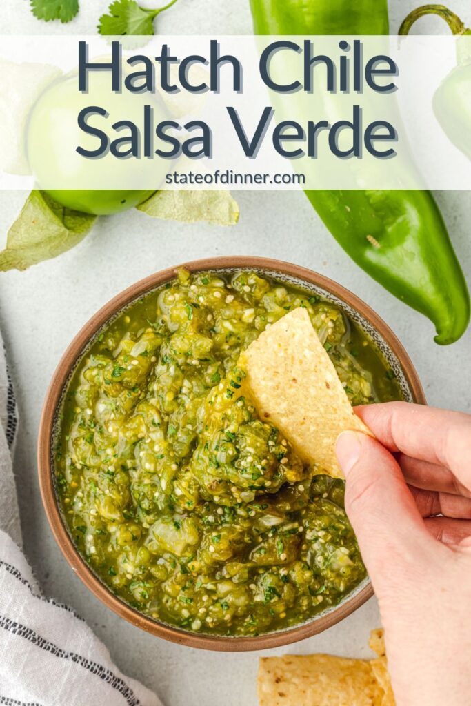 Pinterest Pin: Hatch chile salsa verde in a bowl, with a hand dipping a chip into the salsa.