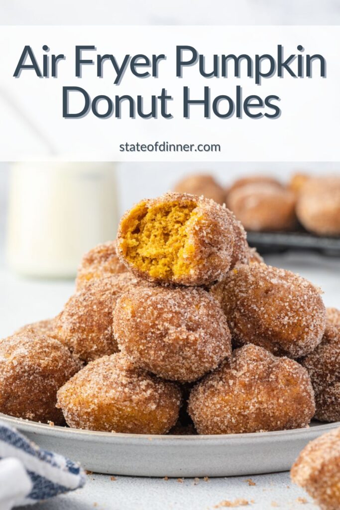 Pinterest pin: Air fryer donut holes piled on a plate.