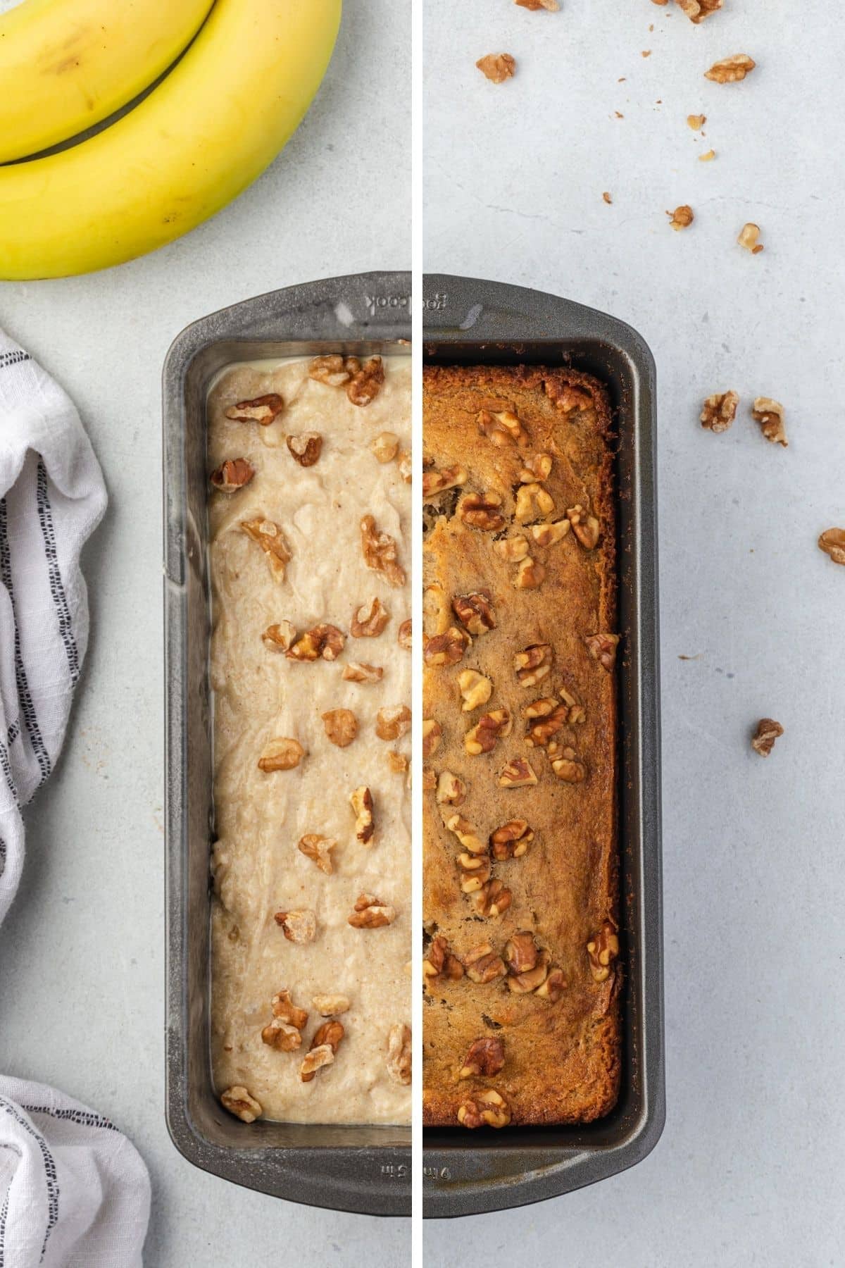 Split image, half showing raw banana bread batter, and the other half is the baked bread.