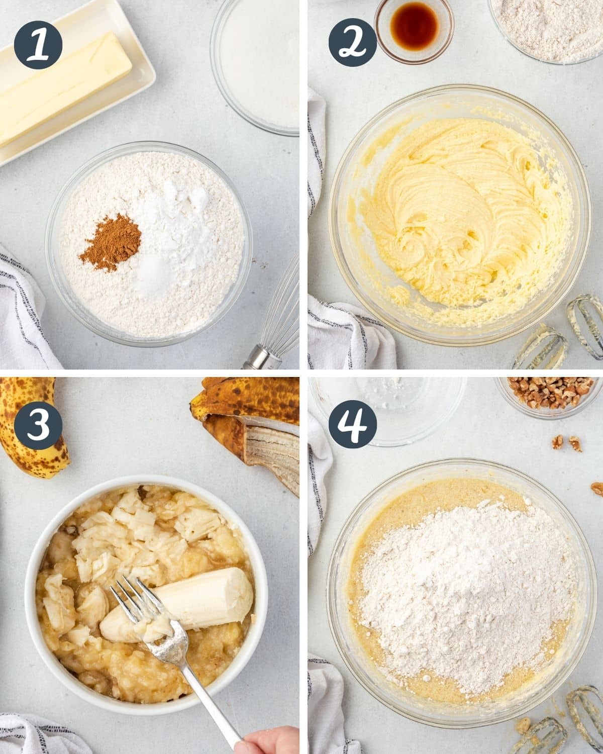 Collage showing 4 steps to make banana bread.