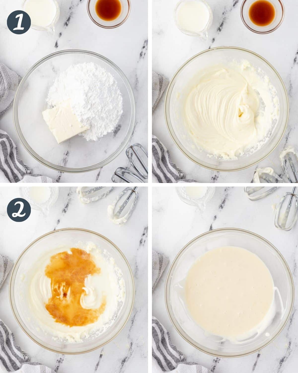 4 images showing the steps to whip cream cheese dip in a bowl.