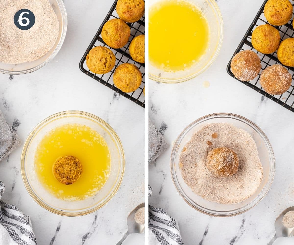 Two image collage: Donut hole in a bowl of butter, and rolling donut hole in cinnamon sugar.