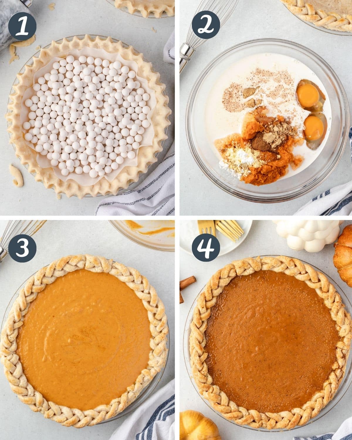 Pictures of the 4 steps for making pumpkin pie.