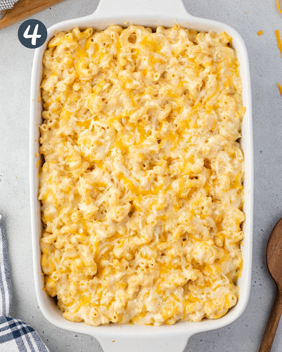 Overhead of the baked 6 cheese macaroni and cheese.