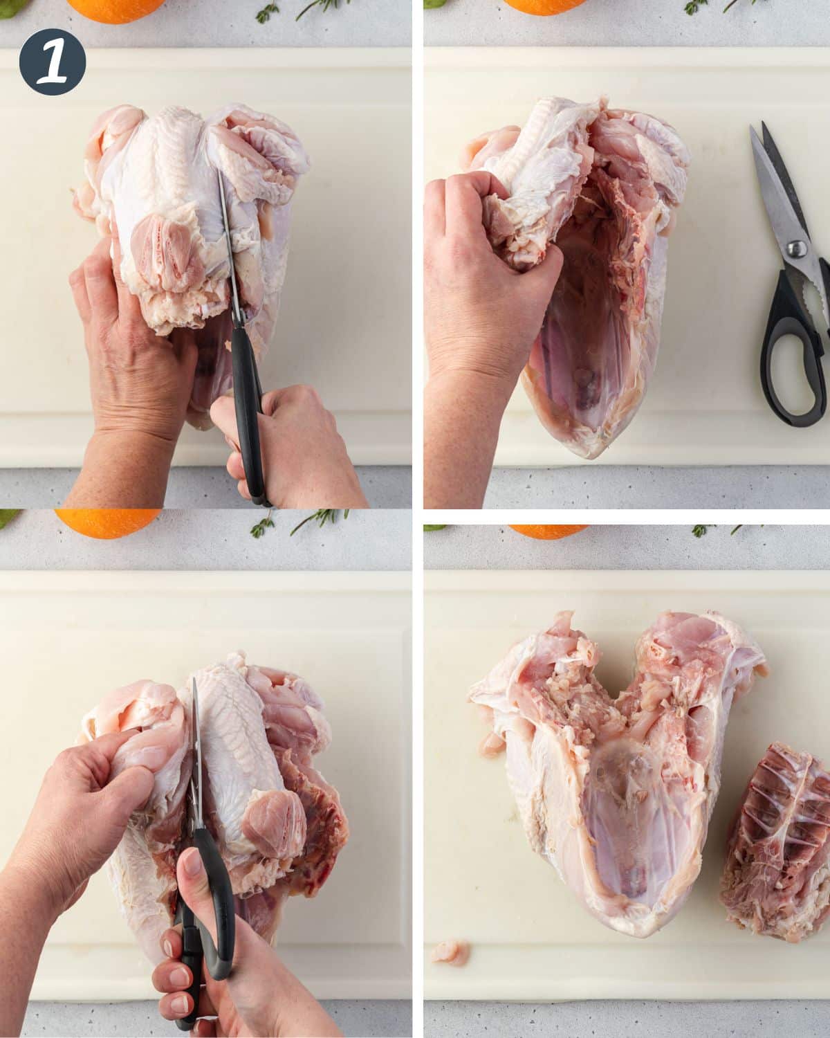 4 images showing how to cut the backbone out of the turkey.