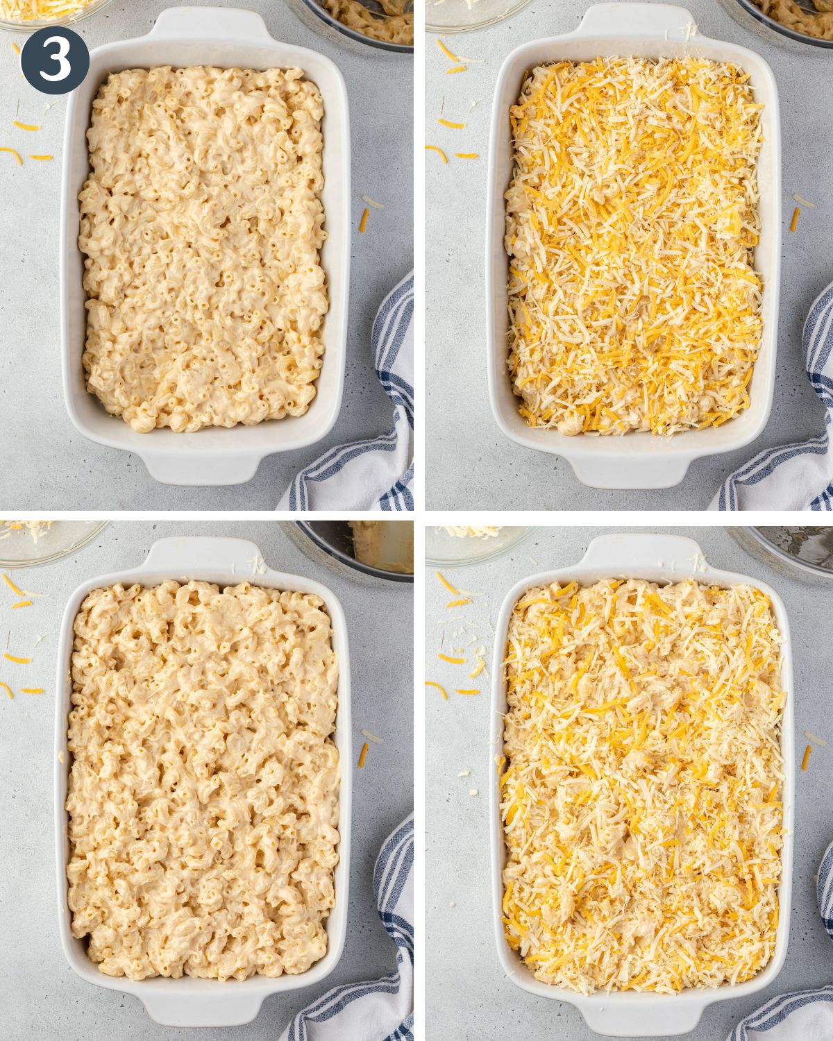 4 images showing the 4 layers of macaroni and cheese in the pan.