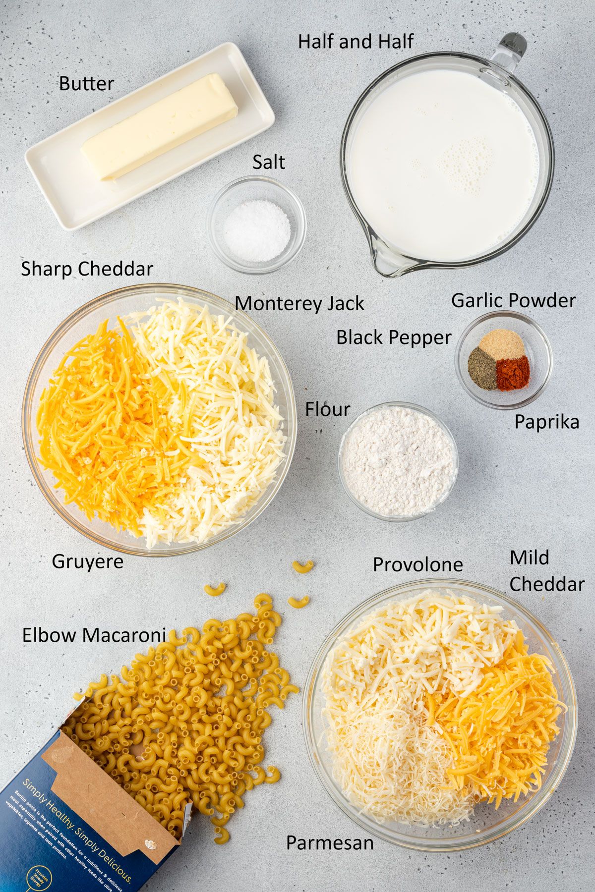 Overhead labeled ingredients for recipe.