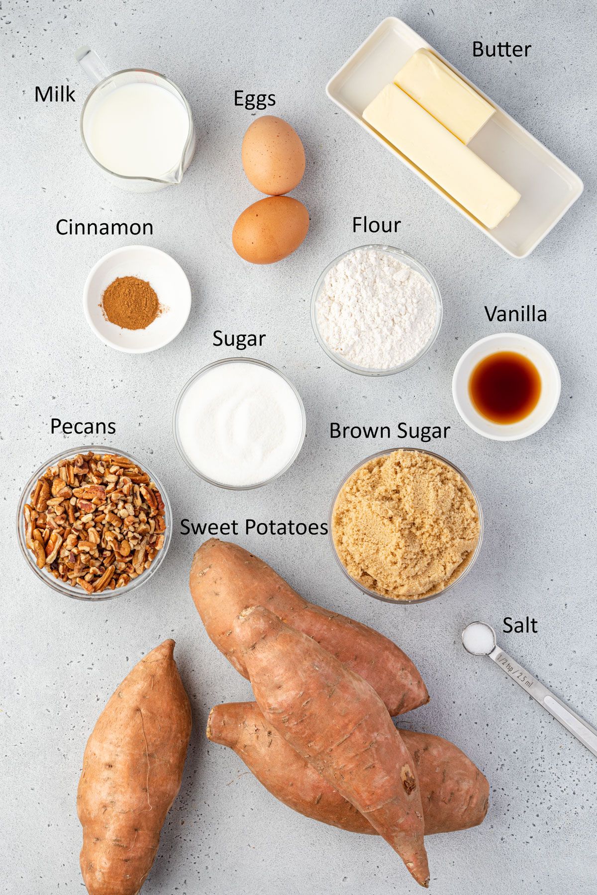 Overhead of sweet potato crunch ingredients.
