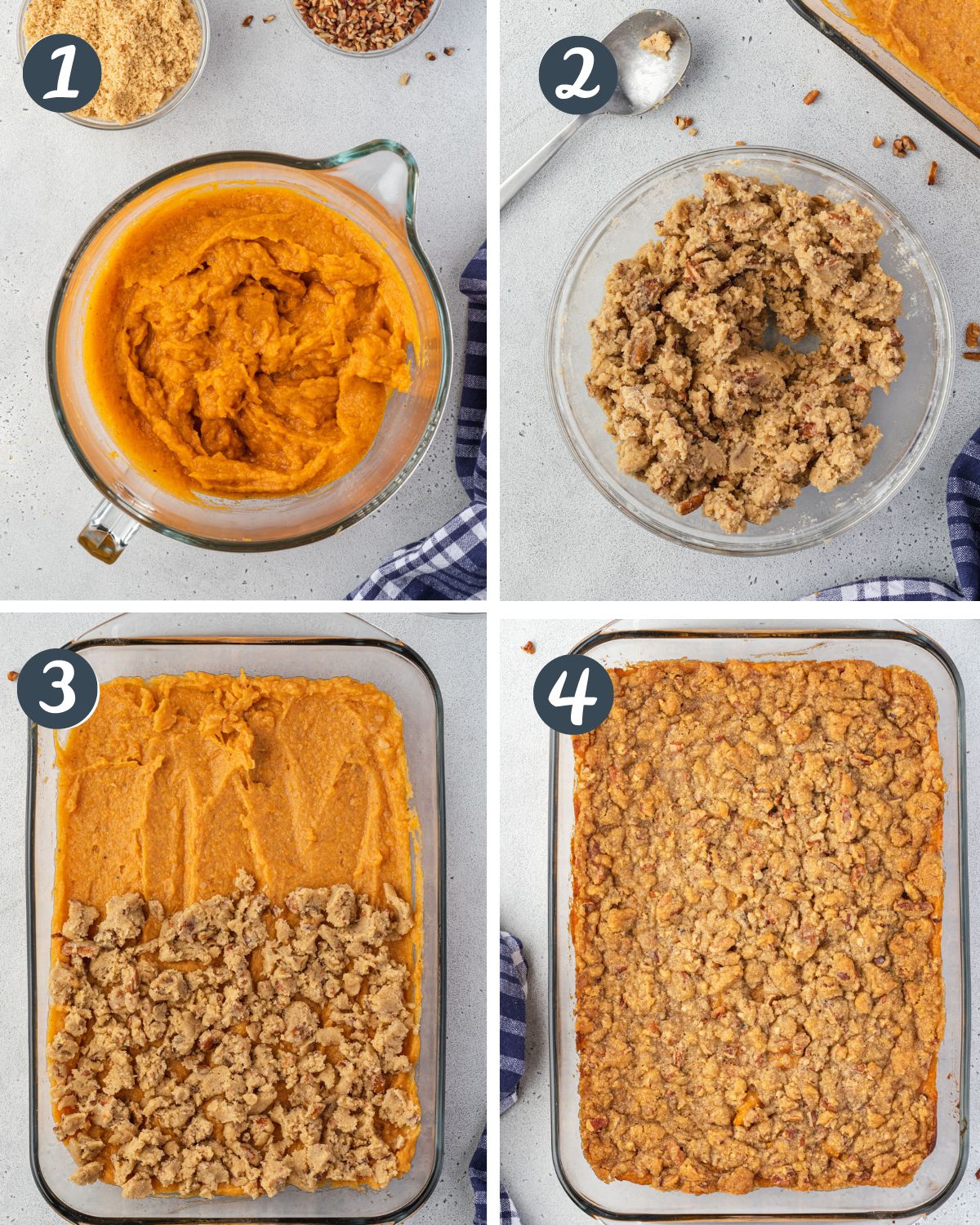 4 steps to make the recipe: filling, crumb topping, layering dish, and baked.