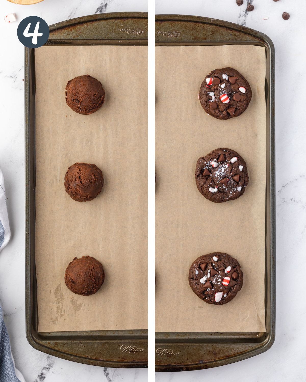 Split photo showing raw cookie dough balls on left and baked cookies on right.