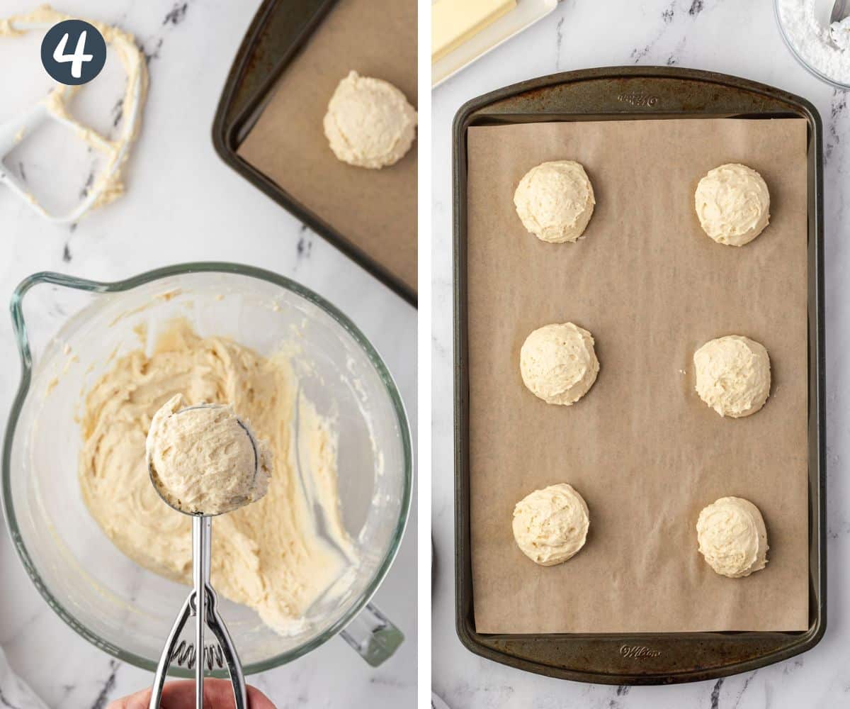Two images: One holding filled cookie scoop over bowl and the other showing balls of cookie dough on baking sheet.