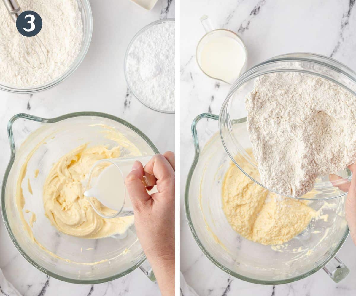 Two images side by side, one pouring milk into the batter and the other pouring flour.