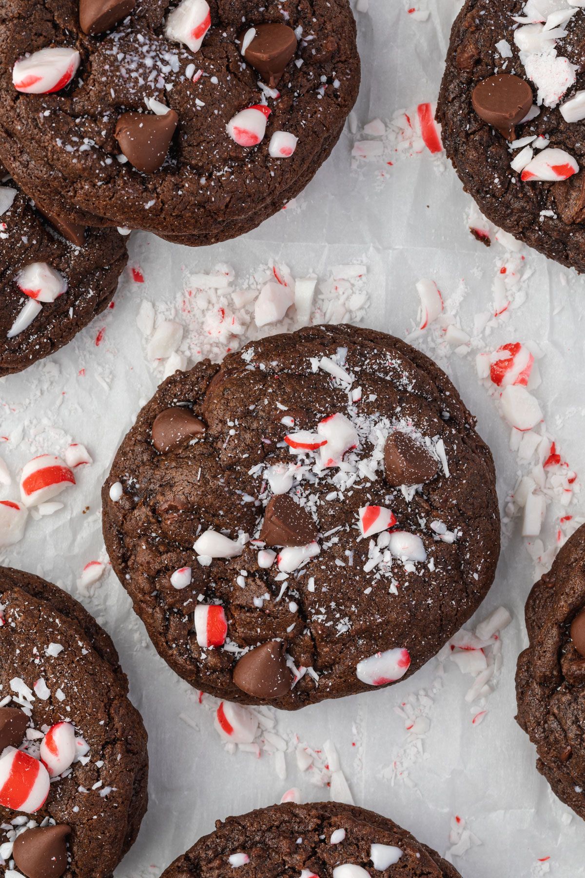 Overhead of double chocolate peppermint cookies on white parchment with crushed peppermints sprinkled around.