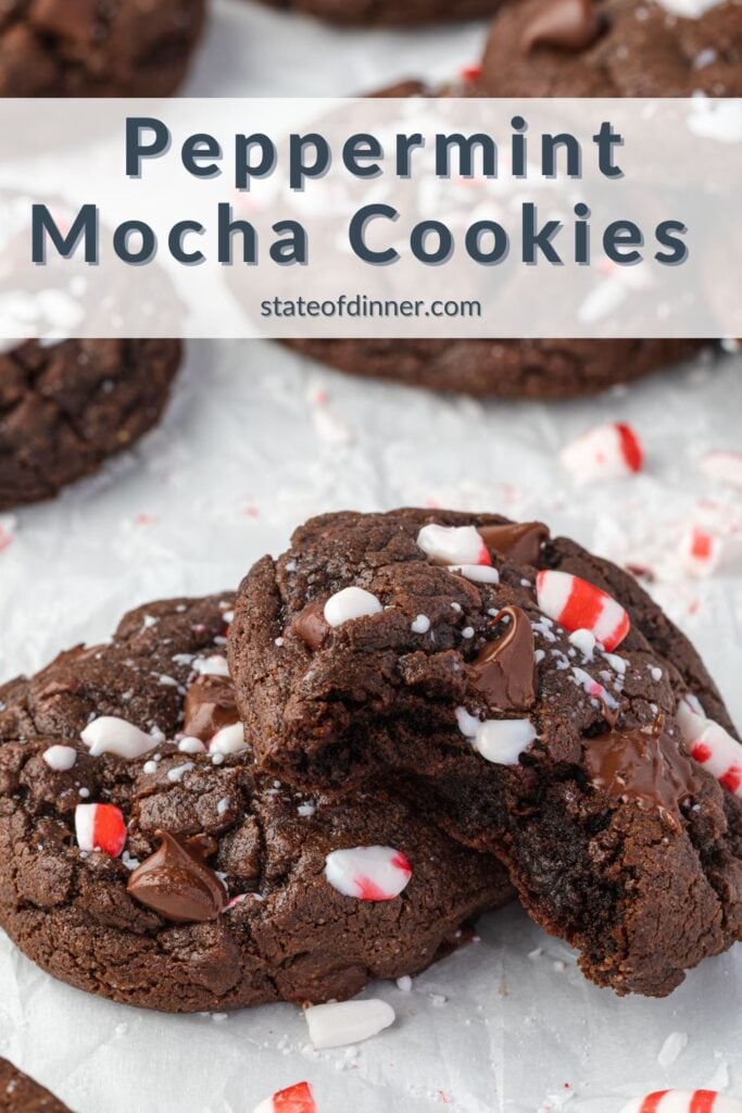 Pinterest pin: Peppermint mocha cookies with 2 cookies shingled, one with a bite out of it.