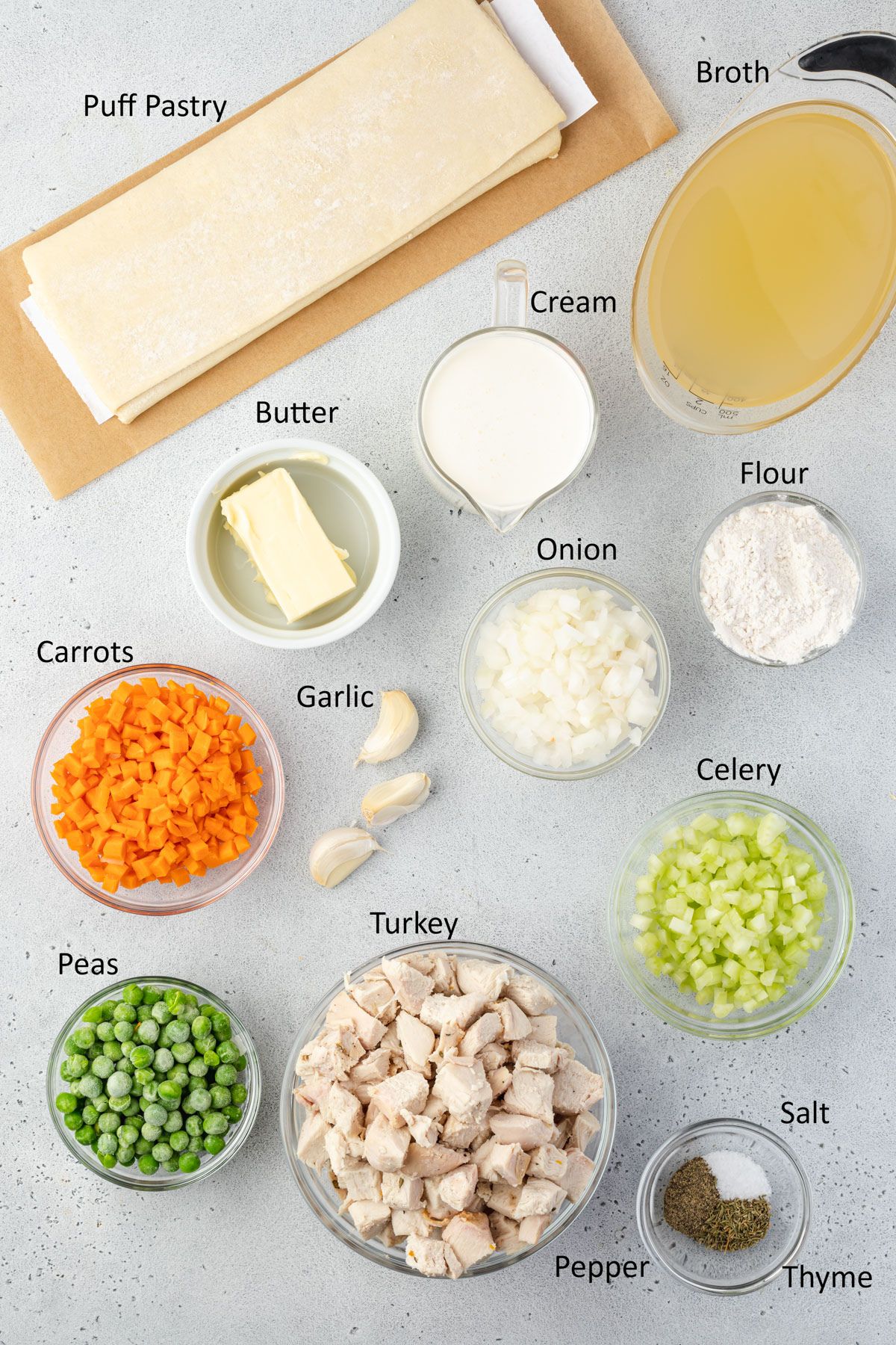 Overhead showing individual recipe ingredients.