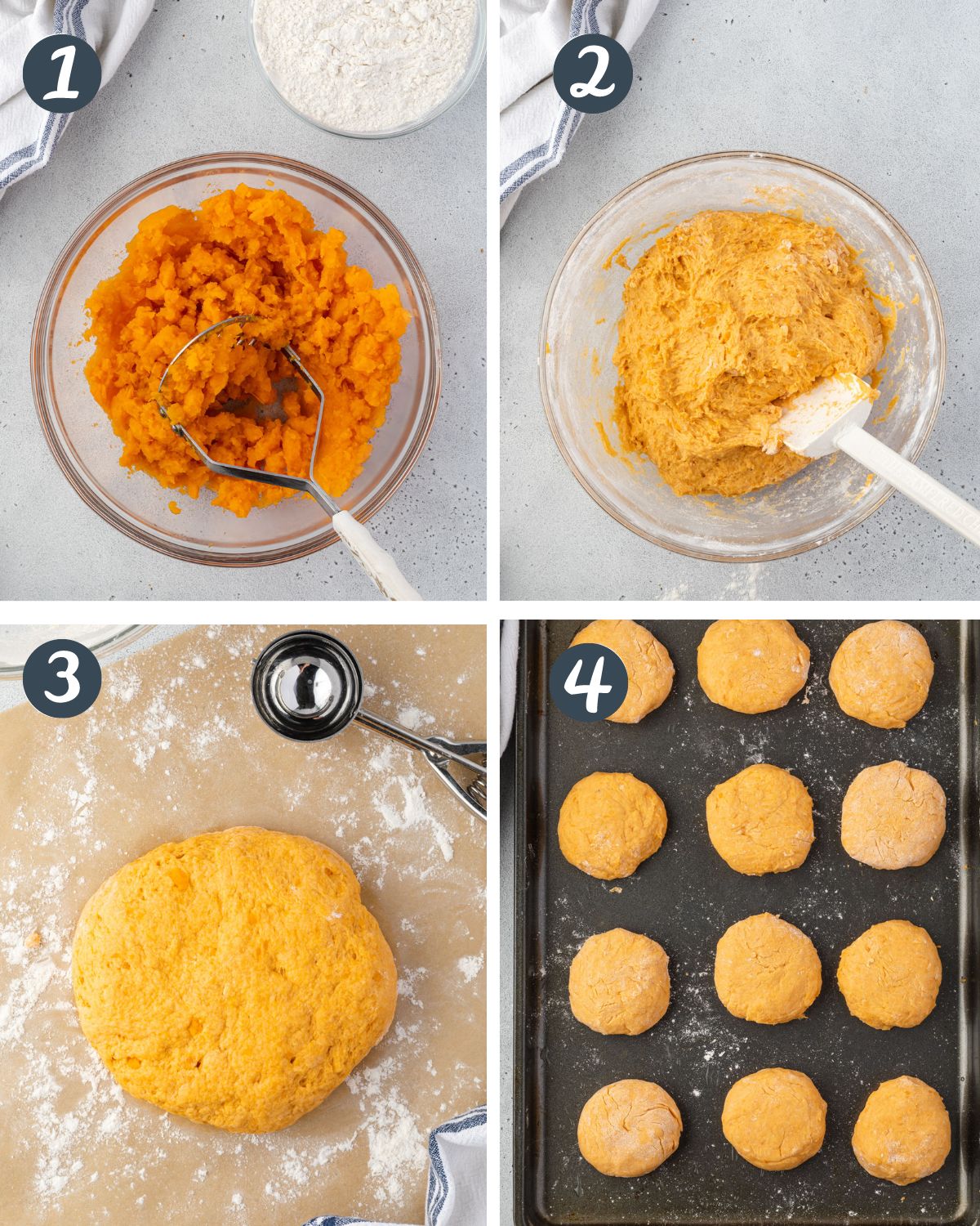 Collage showing the 4 steps to make 2-ingredient sweet potato rolls.
