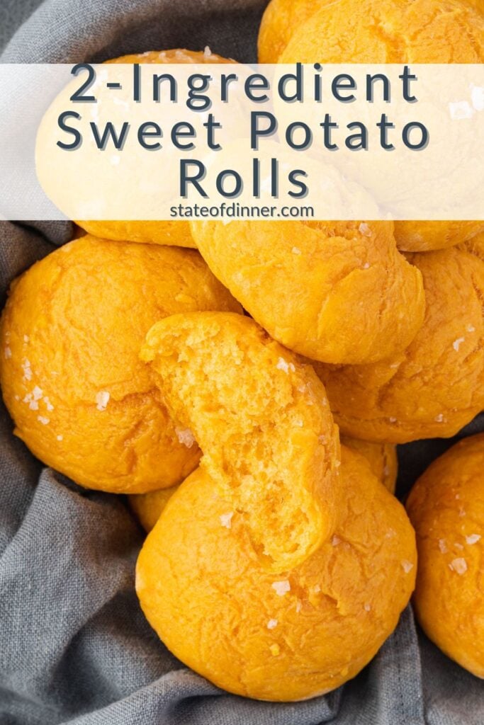 Pinterest pin for 2-ingredient sweet potato rolls showing close up of rolls.