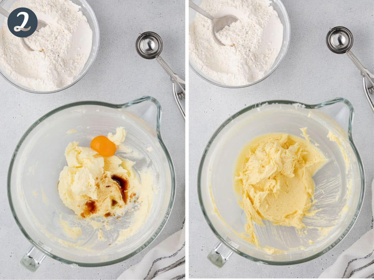 Two images showing the wet ingredients before and after beating.