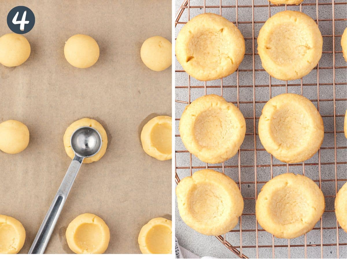 Two images showing raw dough on parchment with spoon pressing indention, and baked cookies on rack.