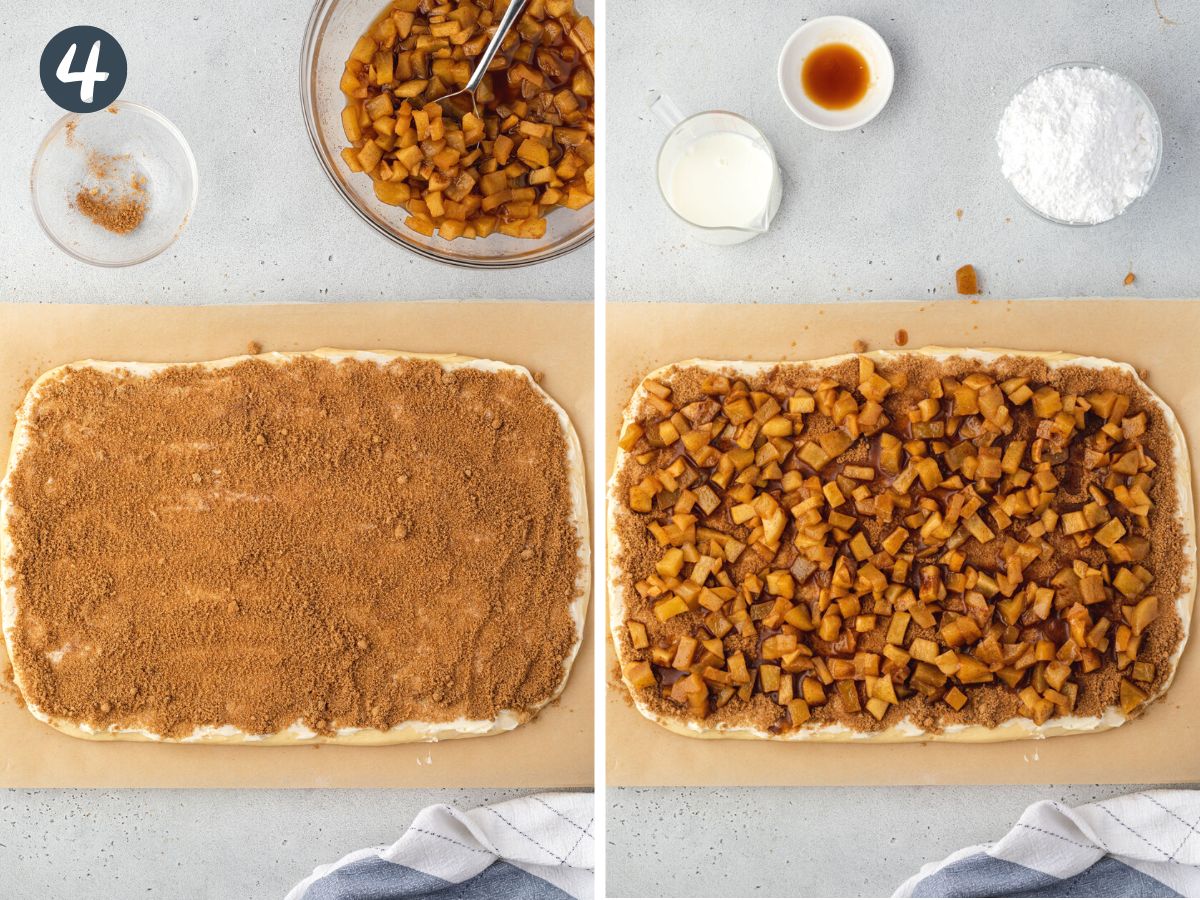 Two images showing cinnamon sprinkled onto the dough, and apple pie filling on dough.