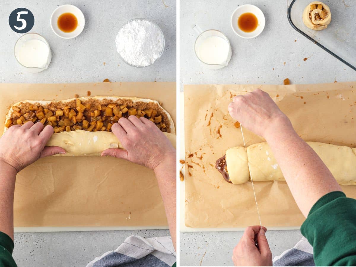Two images showing rolling of cinnamon rolls and cutting with dental floss.