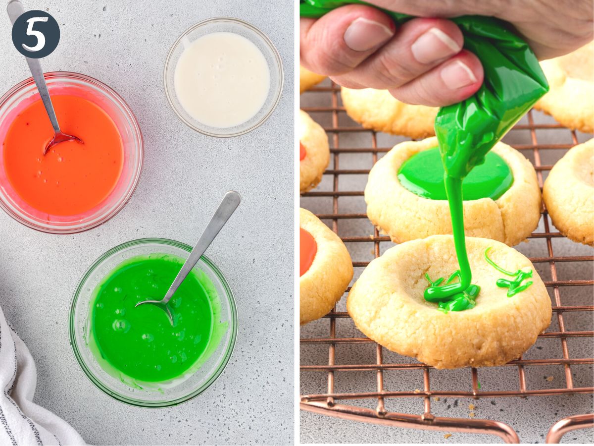 Two images: Red, green, and white icing in bowls, and squeezing a ziploc bag of green frosting into cookie.