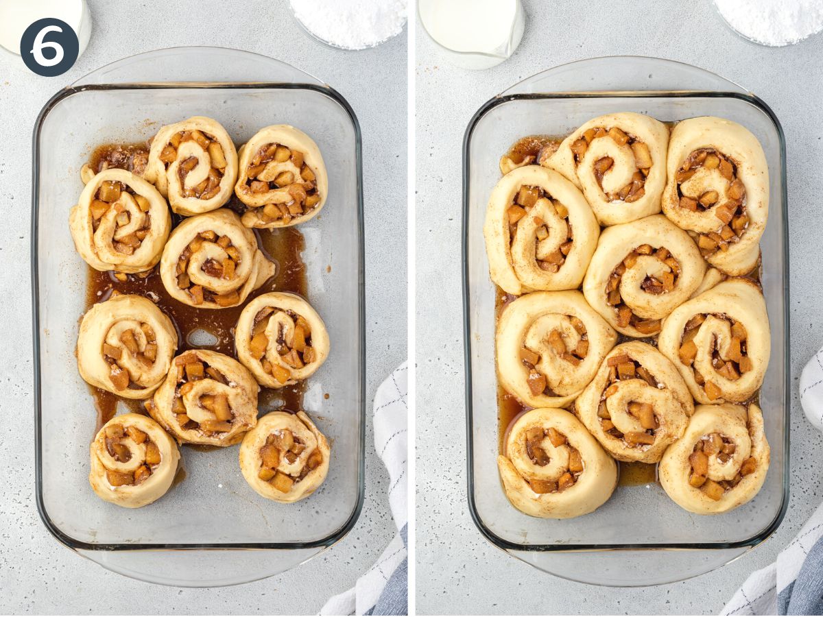 Two images showing a pan of cinnamon rolls before and after they have risen.