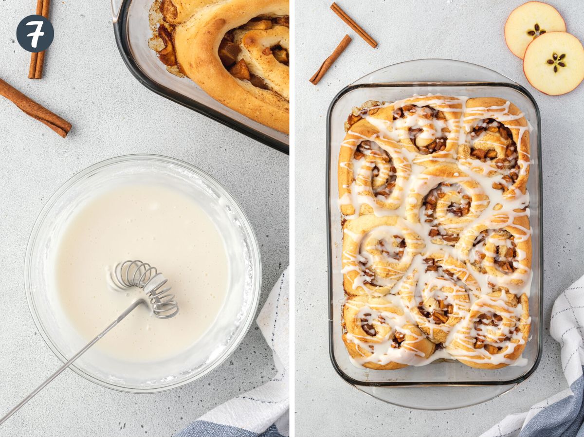 Two images showing bowl of icing with whisk and overhead of a pan of frosted cinnamon rolls.