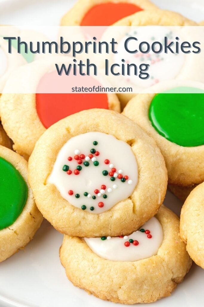 Pinterest pin: Thumbprint cookies with icing on a plate.