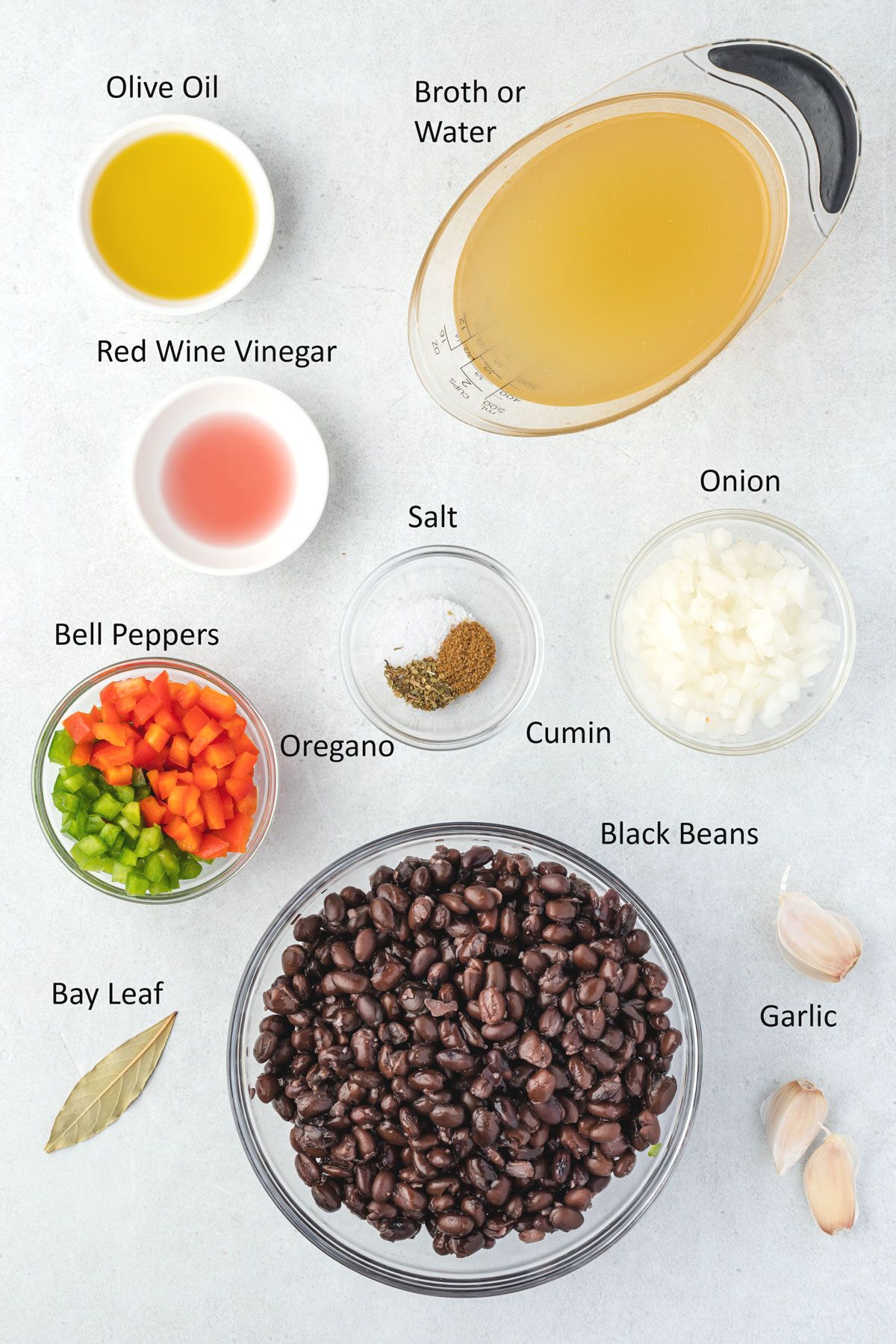 Overhead of the ingredients for making black beans.